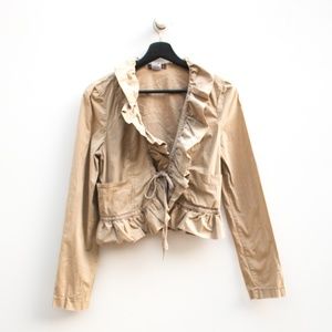XCVI | Tan Long Sleeve Ruffle Tie Crop Jacket